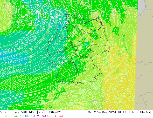 Ligne de courant 500 hPa ICON-D2 lun 27.05.2024 00 UTC