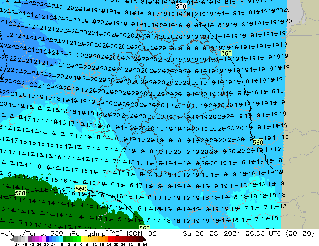 Height/Temp. 500 hPa ICON-D2 Su 26.05.2024 06 UTC