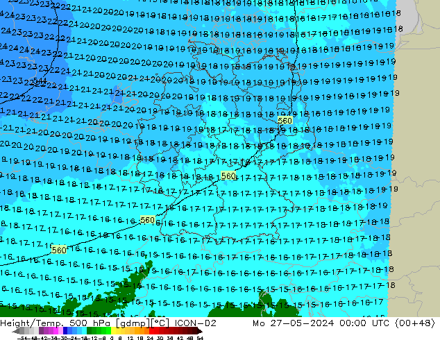 Height/Temp. 500 hPa ICON-D2 Mo 27.05.2024 00 UTC