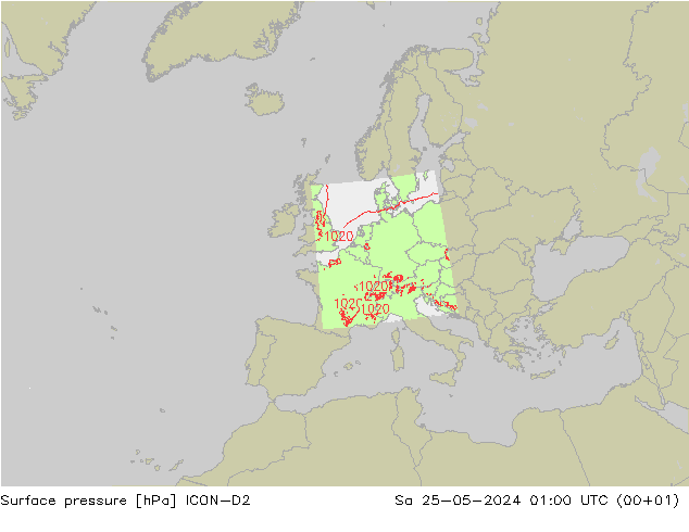 Pressione al suolo ICON-D2 sab 25.05.2024 01 UTC