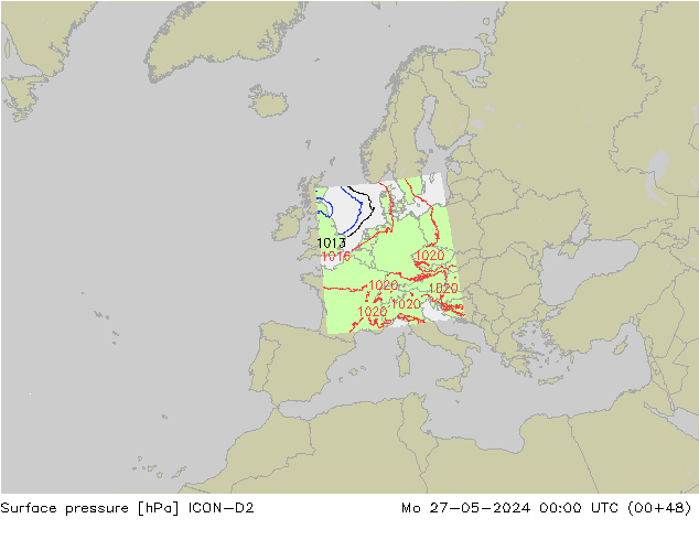 Pressione al suolo ICON-D2 lun 27.05.2024 00 UTC