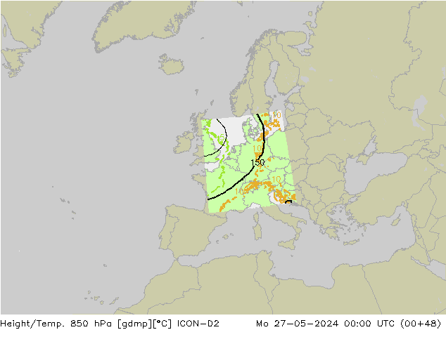 Height/Temp. 850 hPa ICON-D2 Mo 27.05.2024 00 UTC