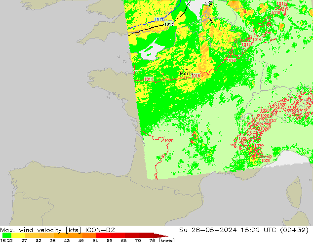 Max. wind velocity ICON-D2 Su 26.05.2024 15 UTC