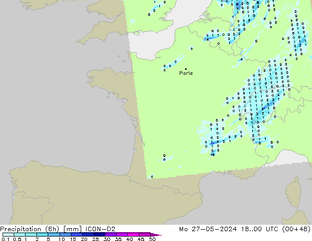 Totale neerslag (6h) ICON-D2 ma 27.05.2024 00 UTC