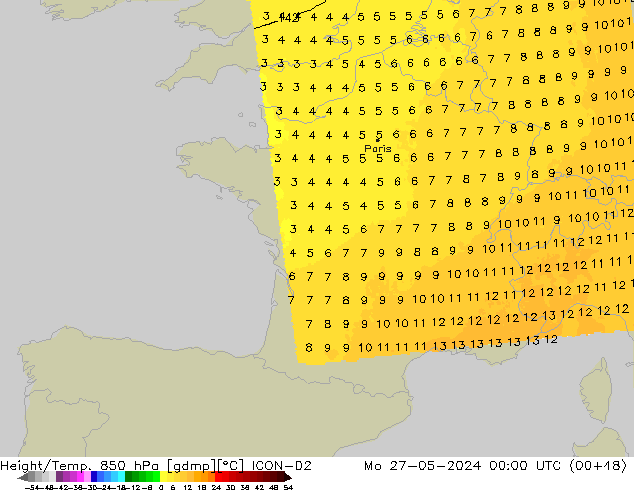 Geop./Temp. 850 hPa ICON-D2 lun 27.05.2024 00 UTC