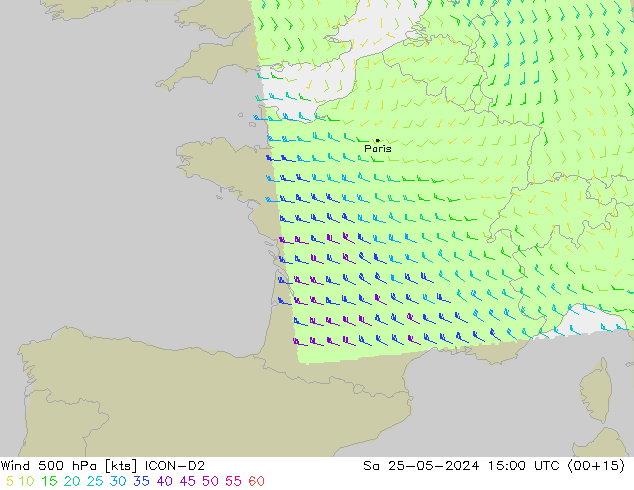 Vento 500 hPa ICON-D2 Sáb 25.05.2024 15 UTC