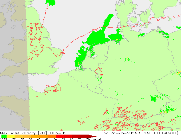 Max. wind velocity ICON-D2 sáb 25.05.2024 01 UTC