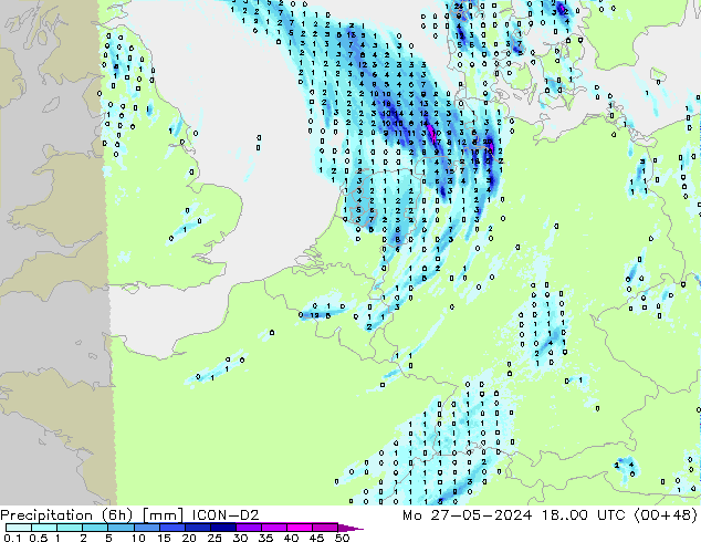 Totale neerslag (6h) ICON-D2 ma 27.05.2024 00 UTC