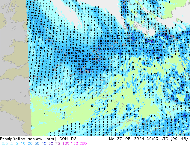 Precipitation accum. ICON-D2 Mo 27.05.2024 00 UTC