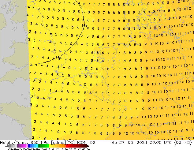 Yükseklik/Sıc. 850 hPa ICON-D2 Pzt 27.05.2024 00 UTC