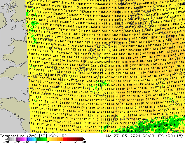 Temperatuurkaart (2m) ICON-D2 ma 27.05.2024 00 UTC