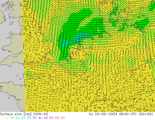 Surface wind ICON-D2 Sa 25.05.2024 06 UTC