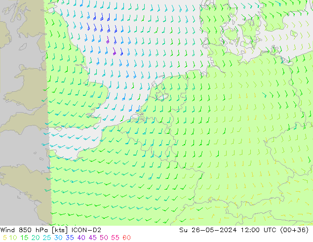 Viento 850 hPa ICON-D2 dom 26.05.2024 12 UTC