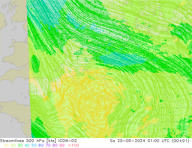 Linha de corrente 500 hPa ICON-D2 Sáb 25.05.2024 01 UTC