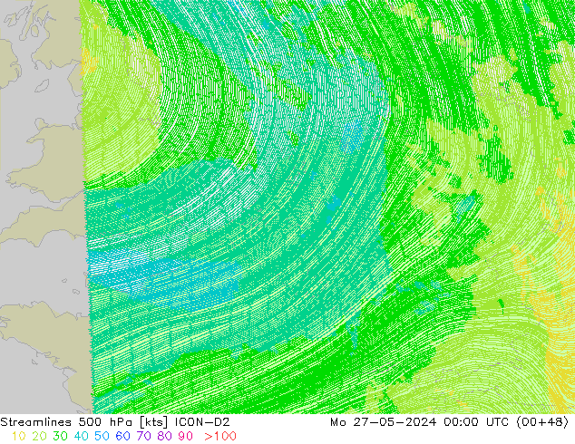 Stroomlijn 500 hPa ICON-D2 ma 27.05.2024 00 UTC