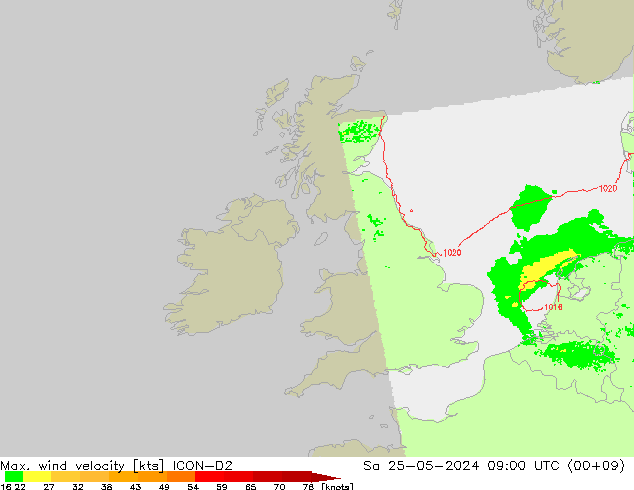 Max. wind velocity ICON-D2 Sa 25.05.2024 09 UTC