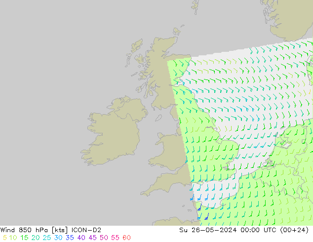 Vento 850 hPa ICON-D2 Dom 26.05.2024 00 UTC