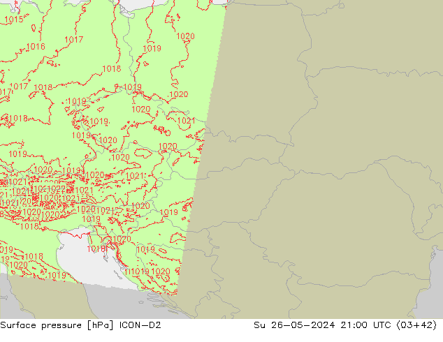 Presión superficial ICON-D2 dom 26.05.2024 21 UTC