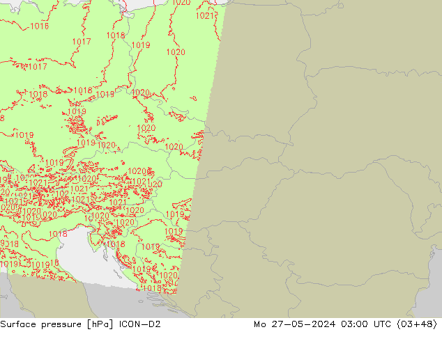 Pressione al suolo ICON-D2 lun 27.05.2024 03 UTC