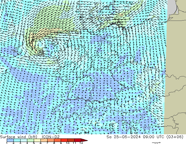 Surface wind (bft) ICON-D2 Sa 25.05.2024 09 UTC