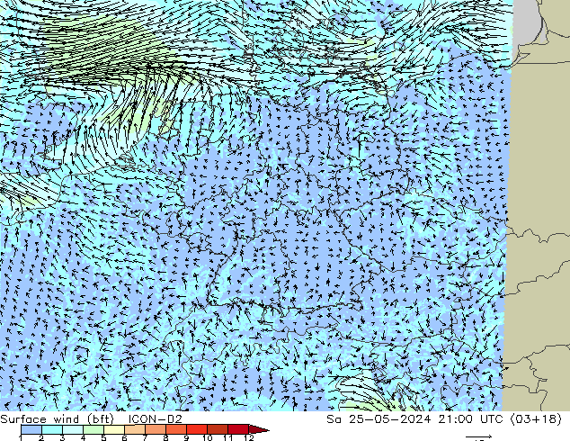 Surface wind (bft) ICON-D2 So 25.05.2024 21 UTC