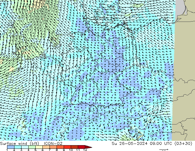 Viento 10 m (bft) ICON-D2 dom 26.05.2024 09 UTC
