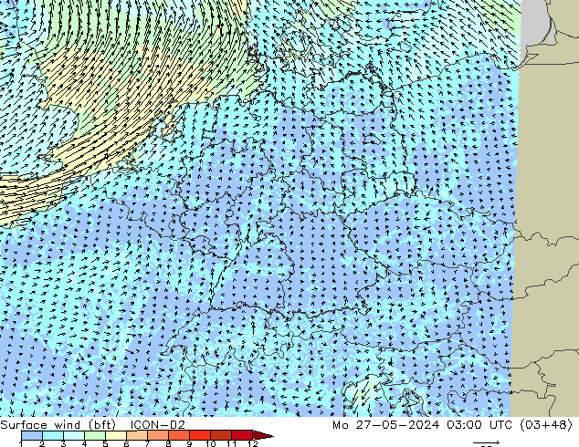 Viento 10 m (bft) ICON-D2 lun 27.05.2024 03 UTC