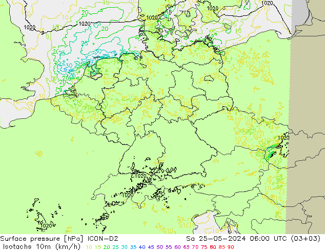 Isotachs (kph) ICON-D2 Sa 25.05.2024 06 UTC