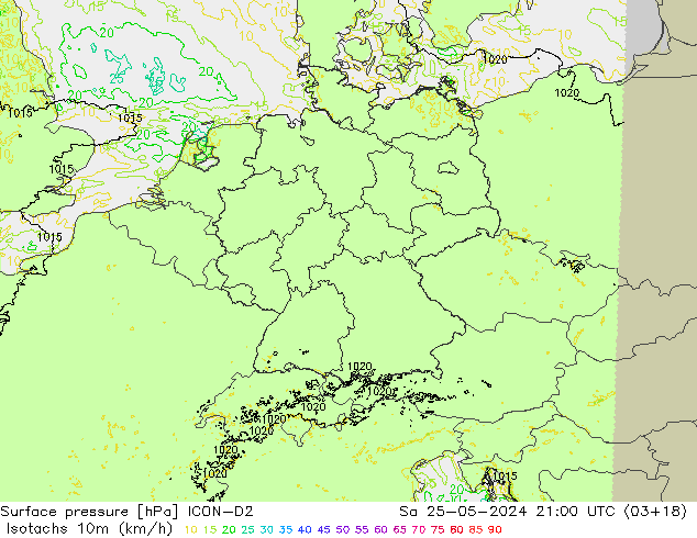 Isotachs (kph) ICON-D2 Sa 25.05.2024 21 UTC