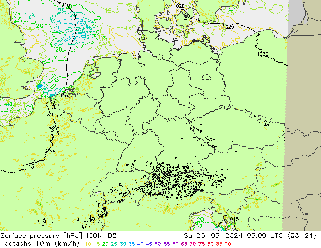 Isotachs (kph) ICON-D2 Su 26.05.2024 03 UTC