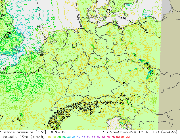 Isotachs (kph) ICON-D2 Su 26.05.2024 12 UTC