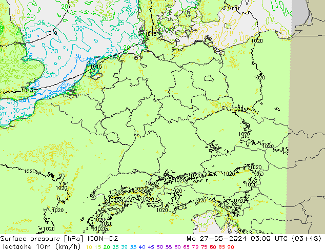 Isotachen (km/h) ICON-D2 ma 27.05.2024 03 UTC