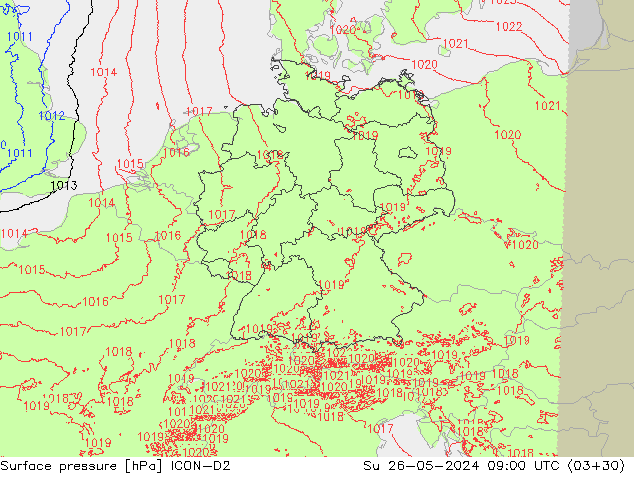 Luchtdruk (Grond) ICON-D2 zo 26.05.2024 09 UTC