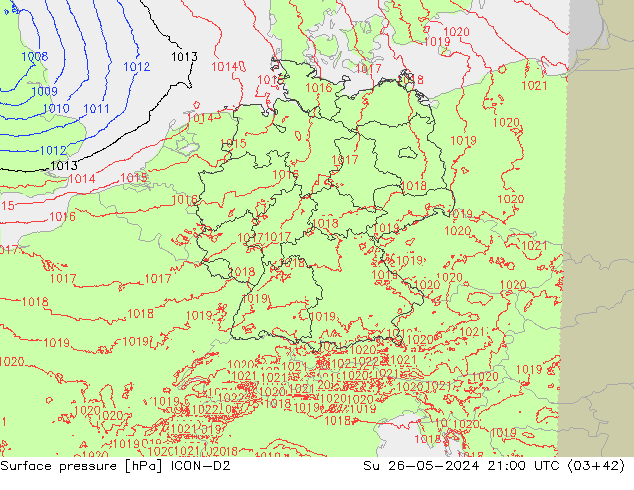 Luchtdruk (Grond) ICON-D2 zo 26.05.2024 21 UTC