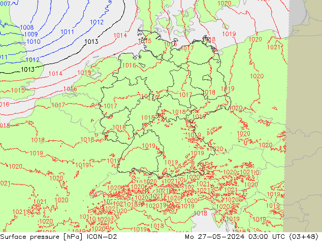 Surface pressure ICON-D2 Mo 27.05.2024 03 UTC