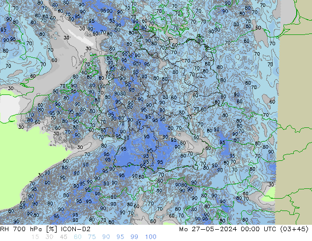 RH 700 hPa ICON-D2 Seg 27.05.2024 00 UTC