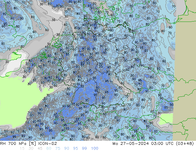 RH 700 hPa ICON-D2 pon. 27.05.2024 03 UTC