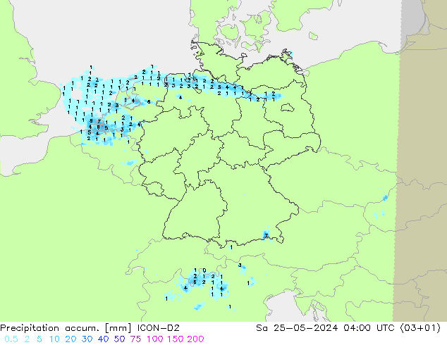 Precipitación acum. ICON-D2 sáb 25.05.2024 04 UTC