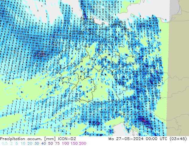 Precipitation accum. ICON-D2 pon. 27.05.2024 00 UTC