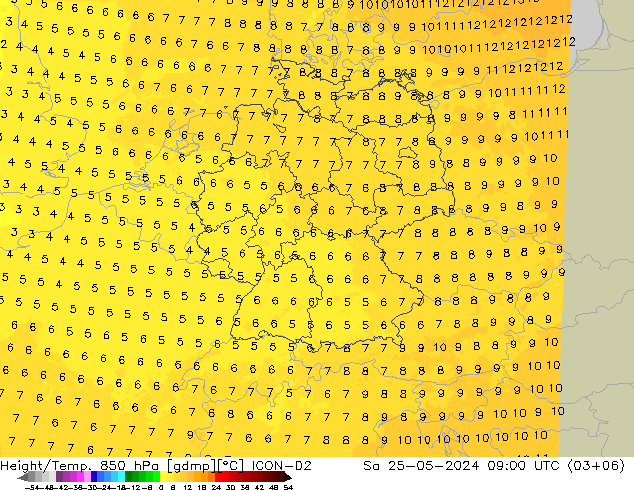 Geop./Temp. 850 hPa ICON-D2 sáb 25.05.2024 09 UTC