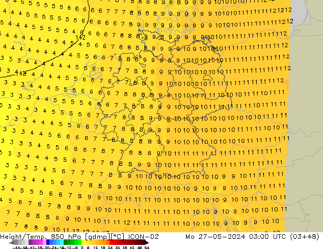 Height/Temp. 850 hPa ICON-D2 lun 27.05.2024 03 UTC