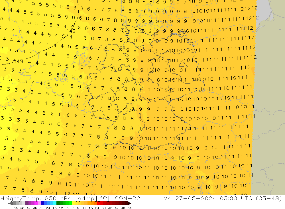 Height/Temp. 850 hPa ICON-D2 Seg 27.05.2024 03 UTC