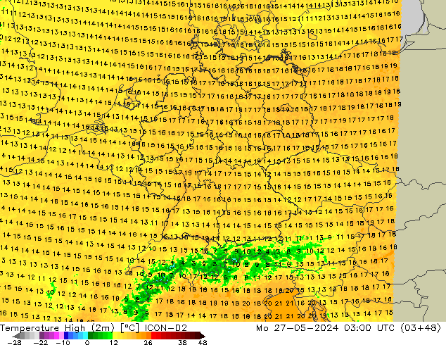 Temperature High (2m) ICON-D2 Mo 27.05.2024 03 UTC