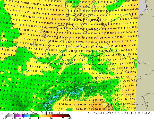 Temperature Low (2m) ICON-D2 Sa 25.05.2024 06 UTC