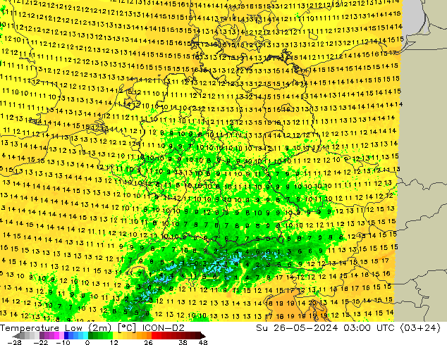 Temperature Low (2m) ICON-D2 Su 26.05.2024 03 UTC