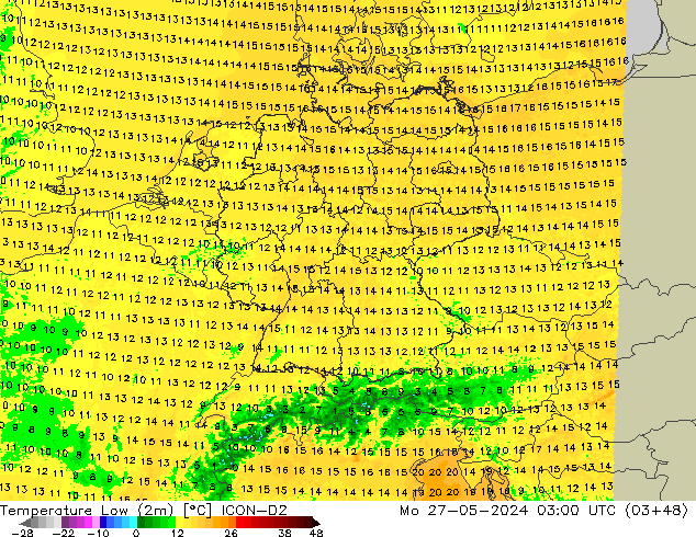 Min. Temperatura (2m) ICON-D2 pon. 27.05.2024 03 UTC