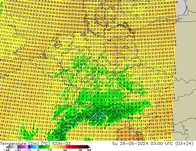 Temperatuurkaart (2m) ICON-D2 zo 26.05.2024 03 UTC