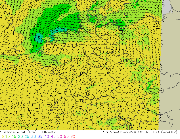 Surface wind ICON-D2 Sa 25.05.2024 05 UTC