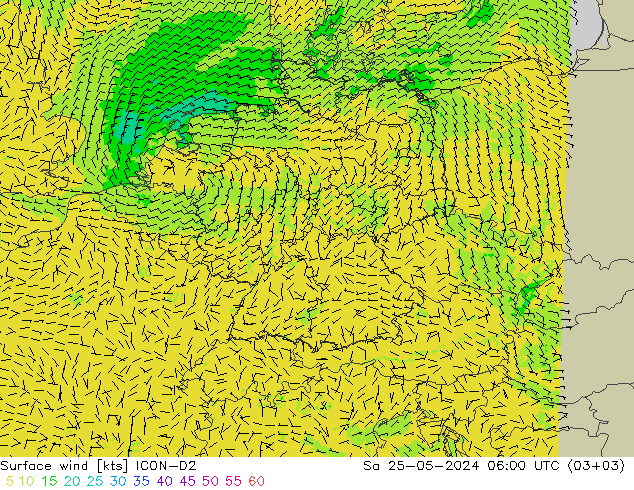 wiatr 10 m ICON-D2 so. 25.05.2024 06 UTC