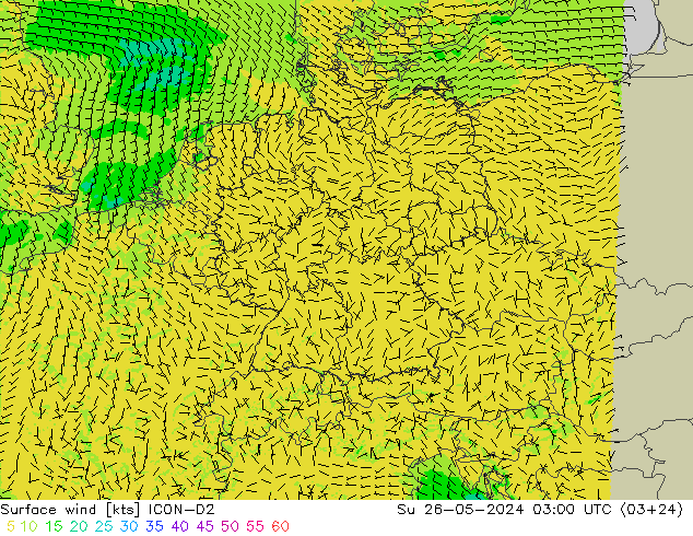 Viento 10 m ICON-D2 dom 26.05.2024 03 UTC